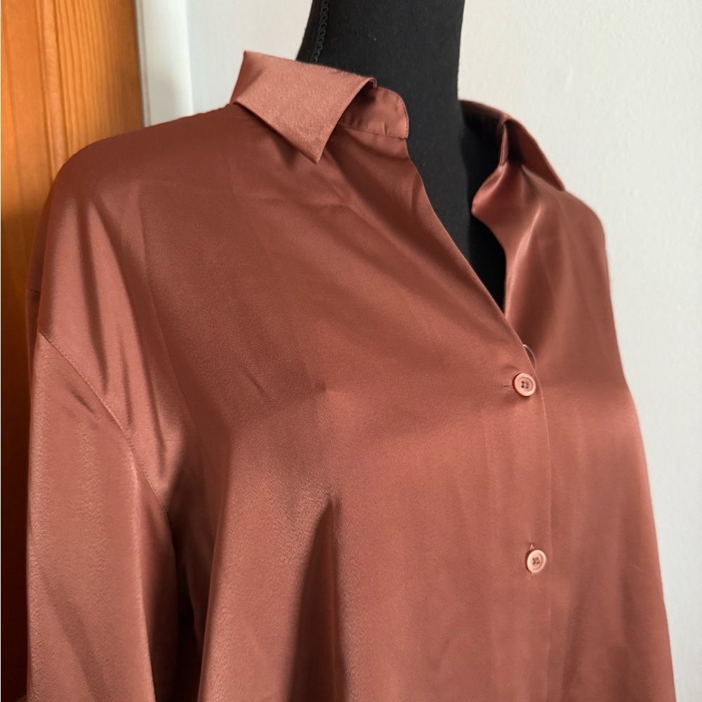 Uniqlo Rust Bronze Silky Button Down Top - Picture 3 of 13